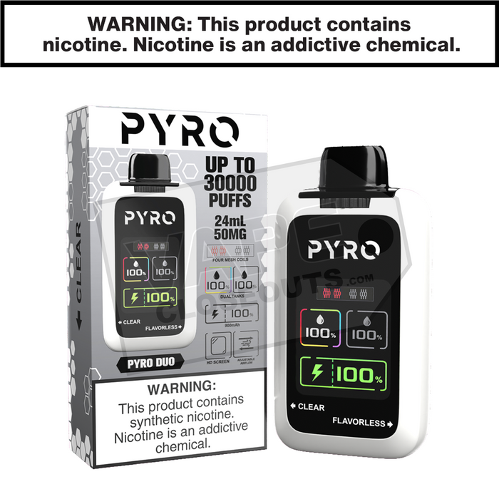 Clear + Flavorless Pyro Duo 30K Disposable Vape Clear + Flavorless Pyro Duo 30K Disposable Vape