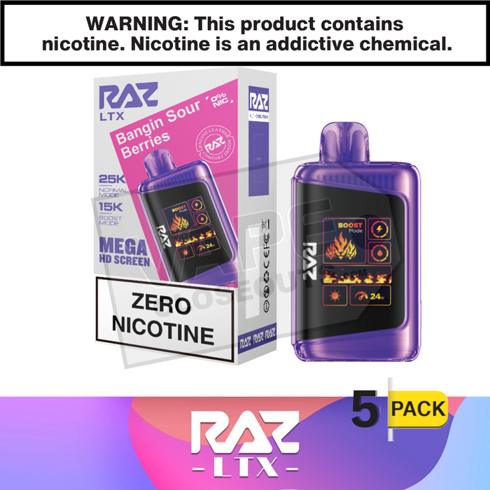 Bangin Sour Berries RAZ LTX 25K ZERO Nicotine Disposable Vape Bangin Sour Berries RAZ LTX 25K ZERO Nicotine Disposable Vape