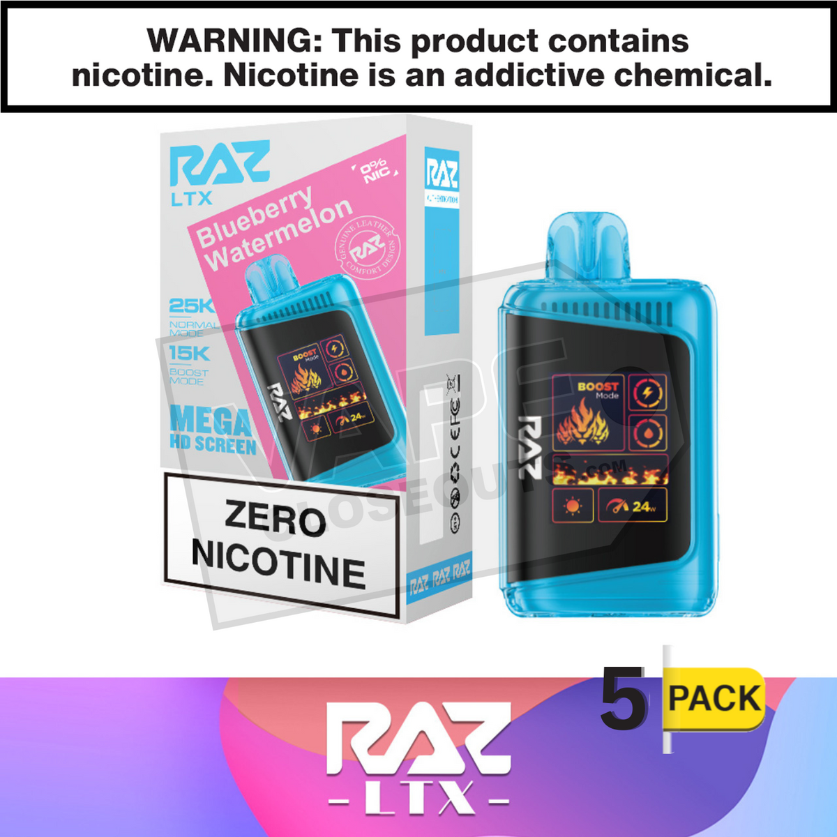 Blueberry Watermelon RAZ LTX 25K ZERO Nicotine Disposable Vape — VC